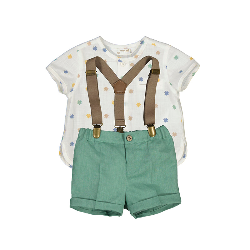 Conjunto short tirantes, brocoli y camisa cuello. recién nacido
