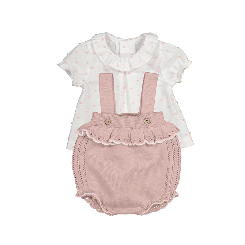 Conjunto peto tricot, y blusa, rosa sakura recién nacida