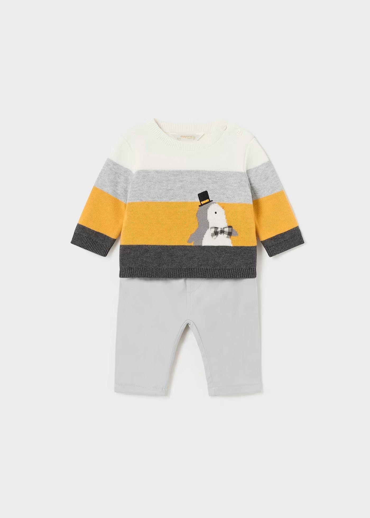 conjunto mayoral de niño naranja gris print pingüino