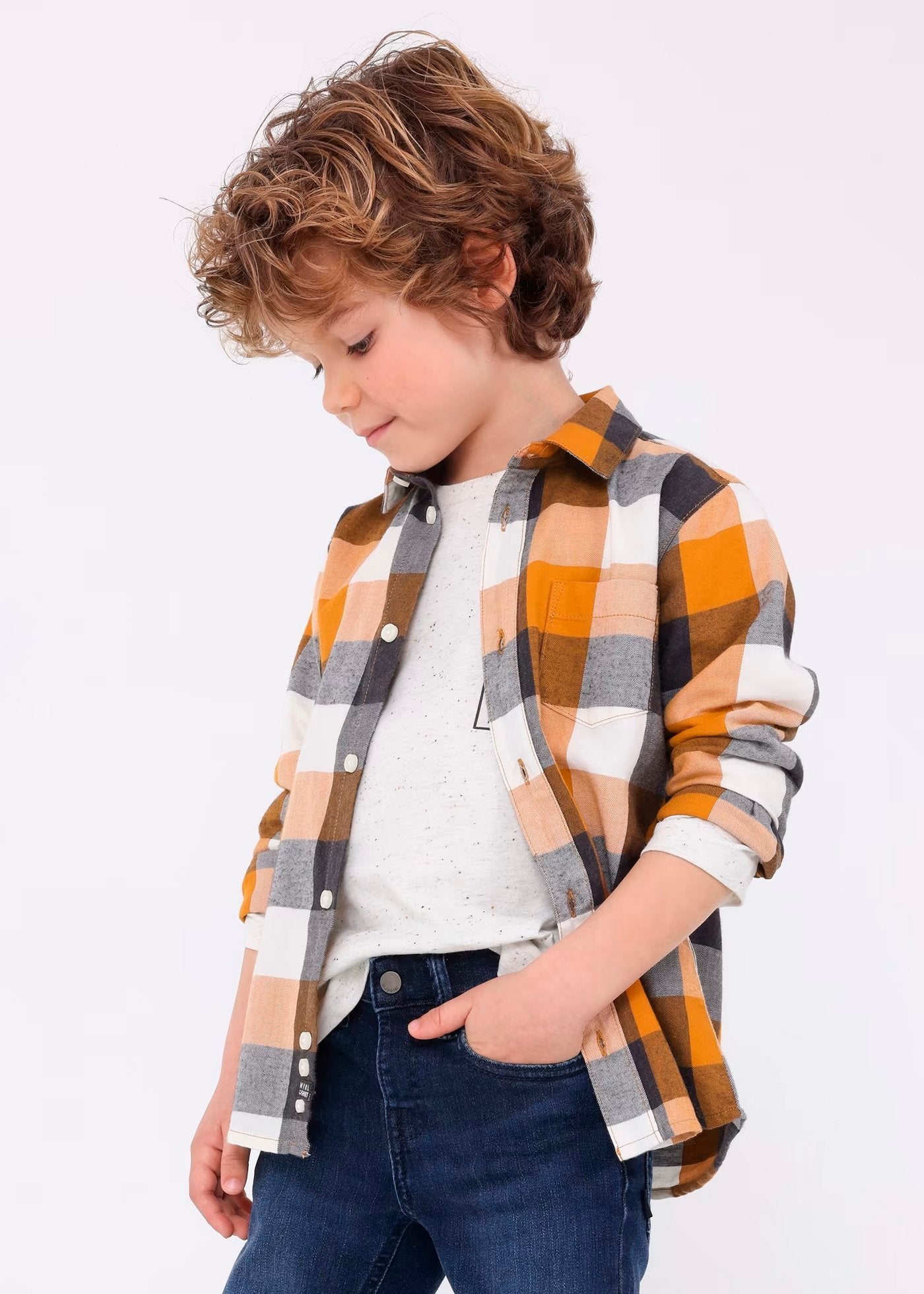 camisa a cuadros manga larga tonos ocre, mayoral.
