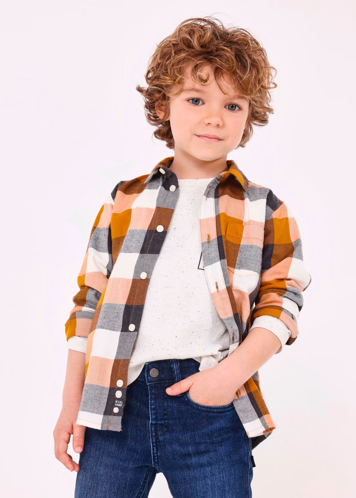 camisa a cuadros manga larga tonos ocre, mayoral.