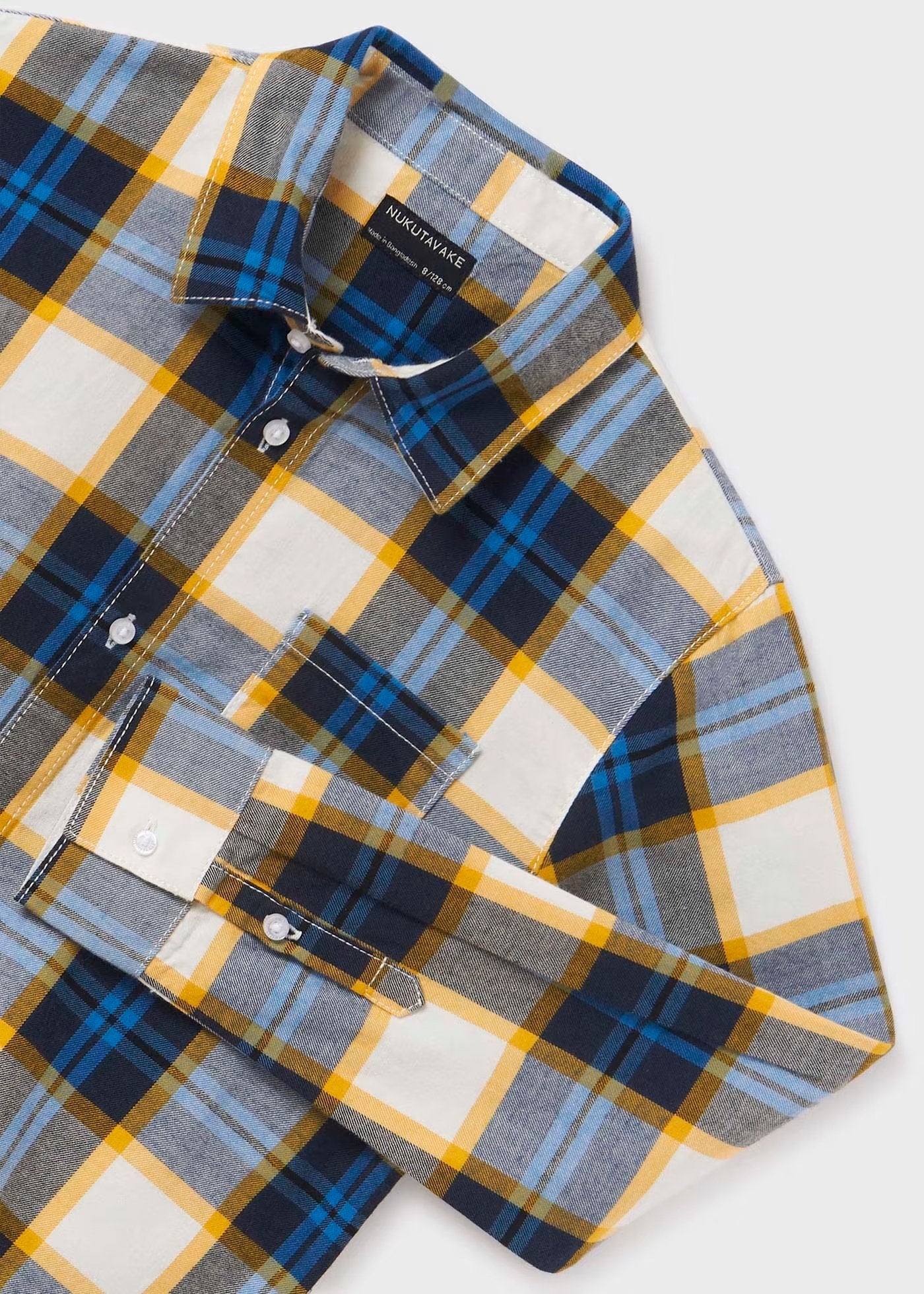 camisa azul manga larga, cuadros azul, amarillo negro, mayoral