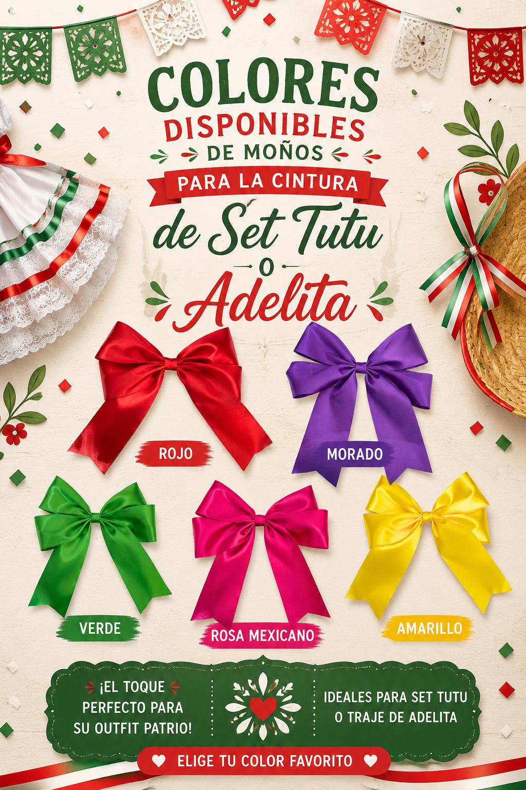 SET PATRIO TUTU CON BLUSA CAMPESINA AMARILLA POMPON ROSA, FALDA MORADA ELEMENTOS MEXICANOS