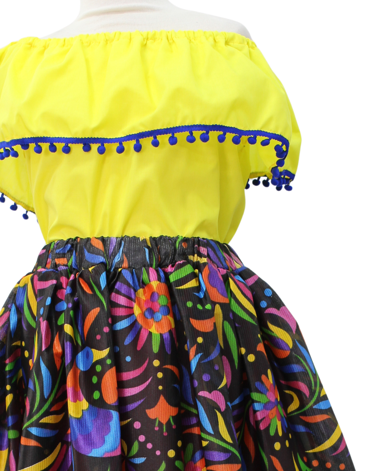 SET FALDA ADELITA FLORES BLUSA CAMPESINA AMARILLO POMPON MARINO