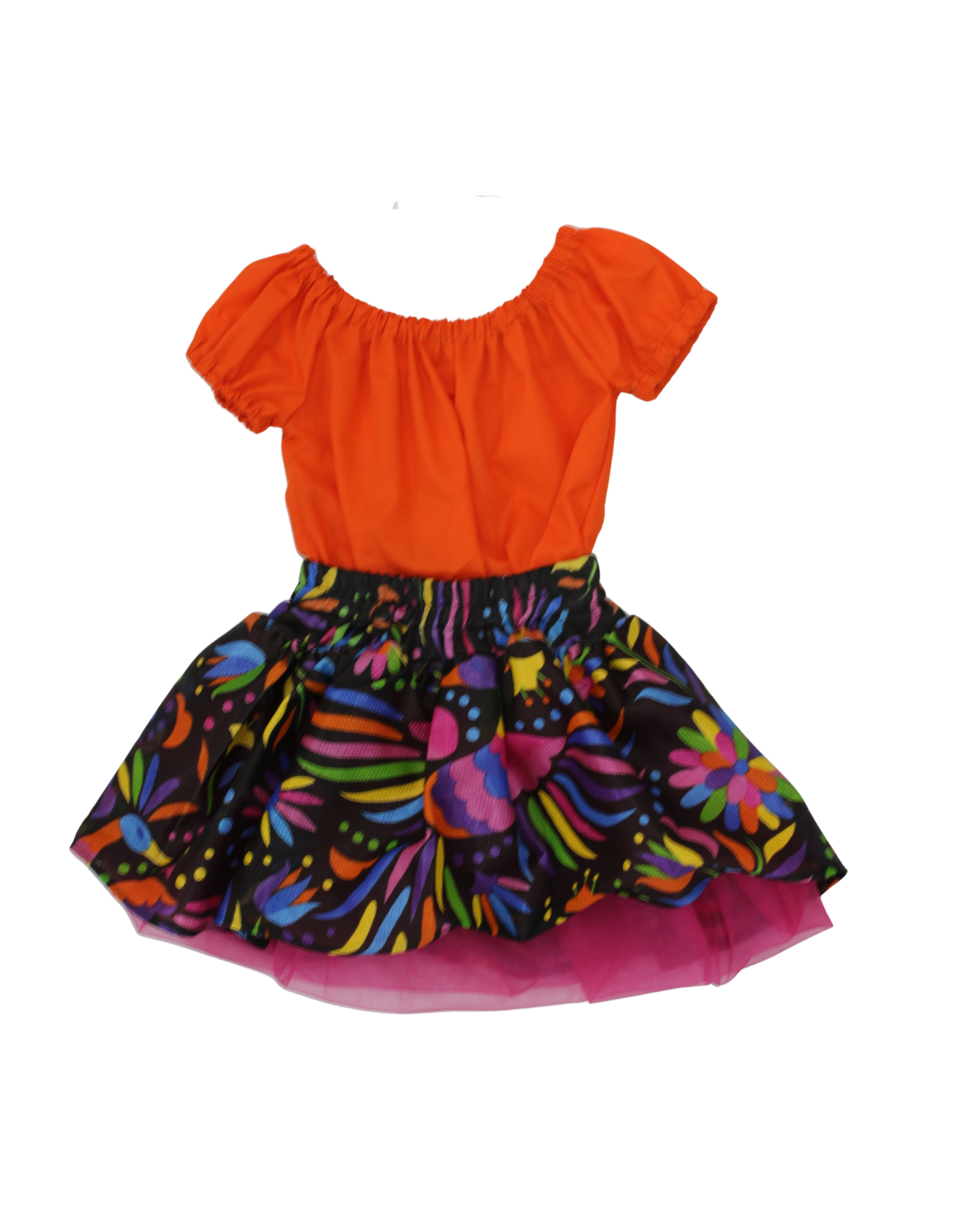 SET PATRIO TUTU CON BLUSA CAMPESINA NARANJA, FALDA PAJAROS