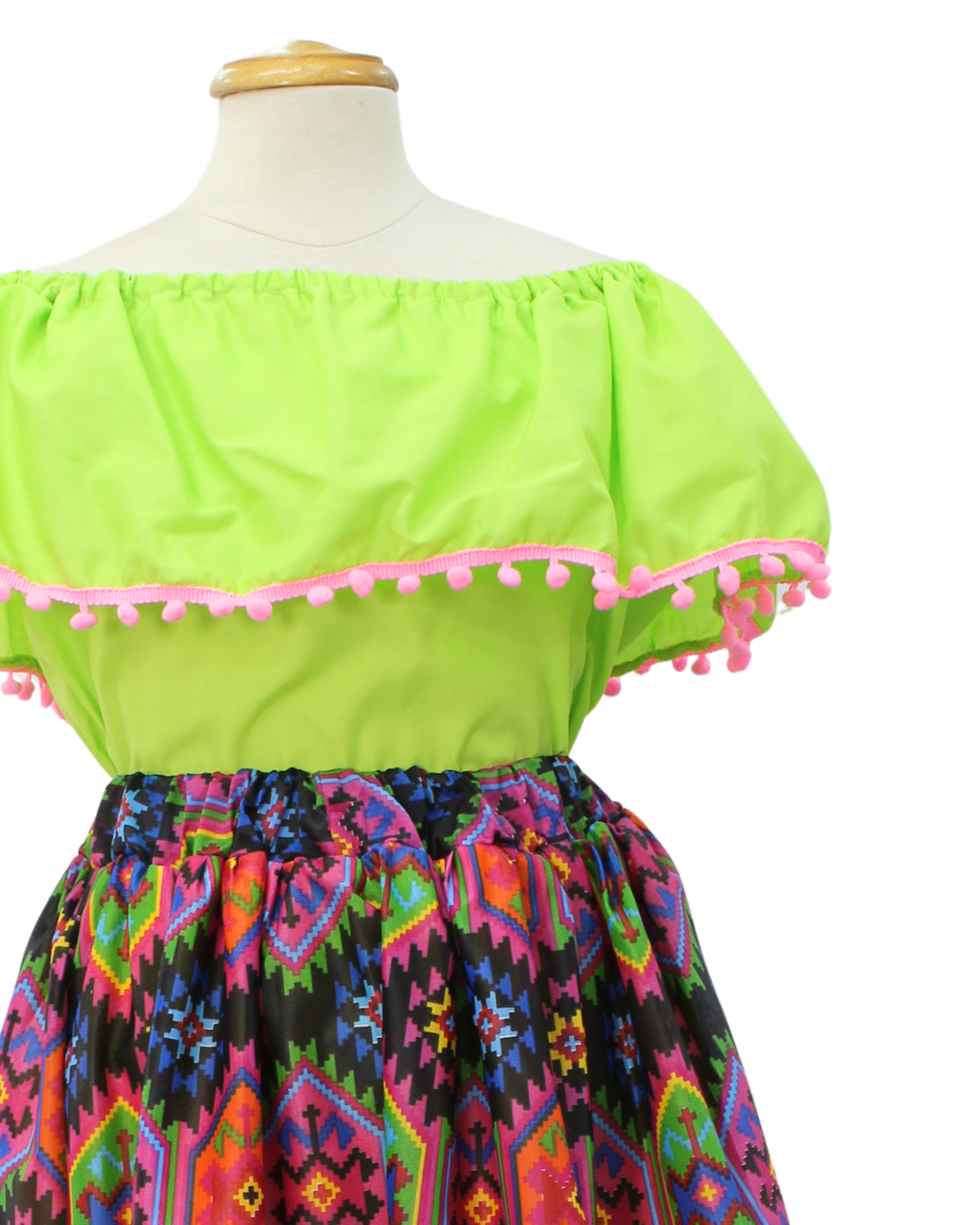 SET FALDA ADELITA CUADROS BLUSA CAMPESINA VERDE POMPON ROSA