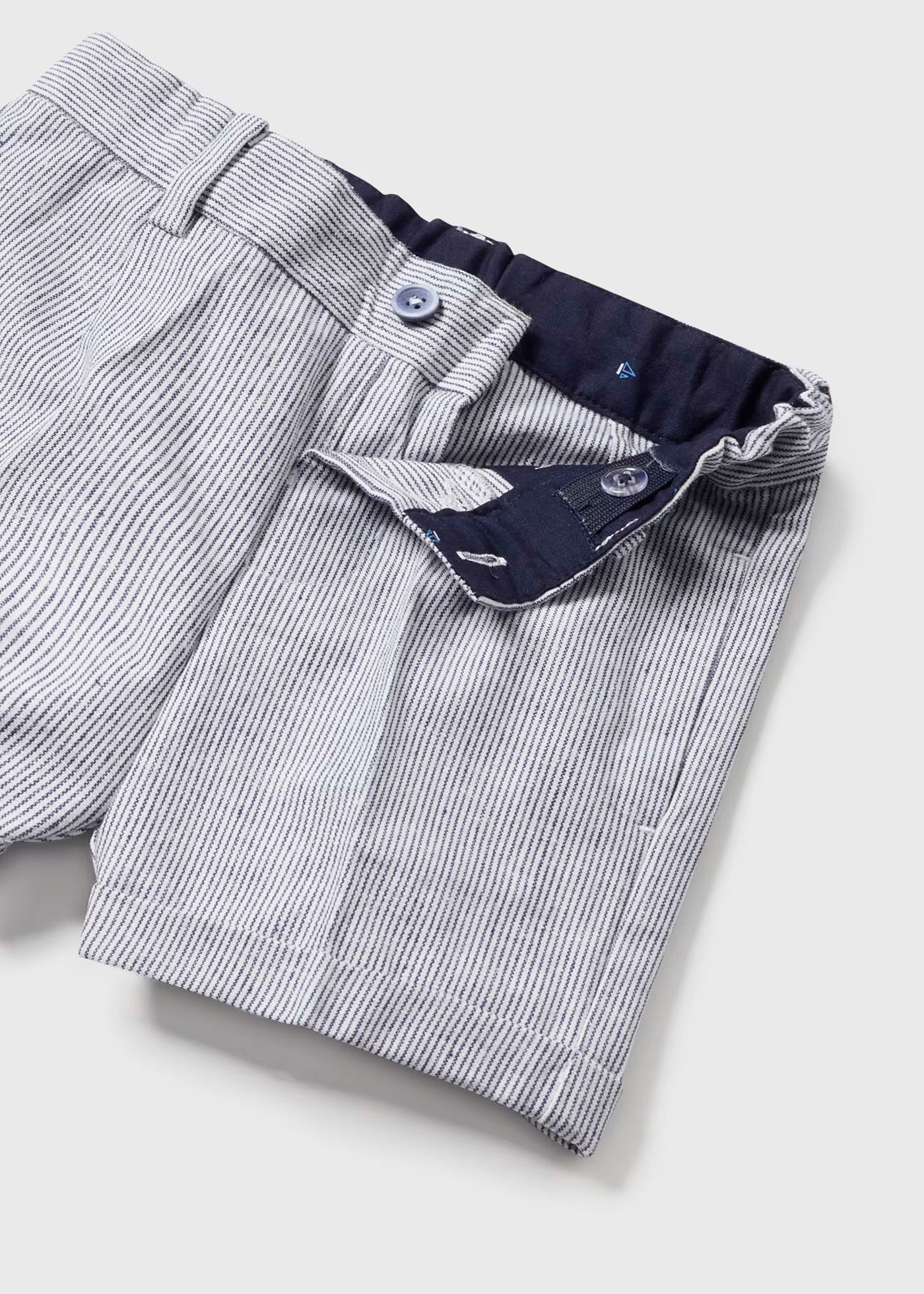 set bebe, bermuda vestir rallas marino, camisa cuello mao