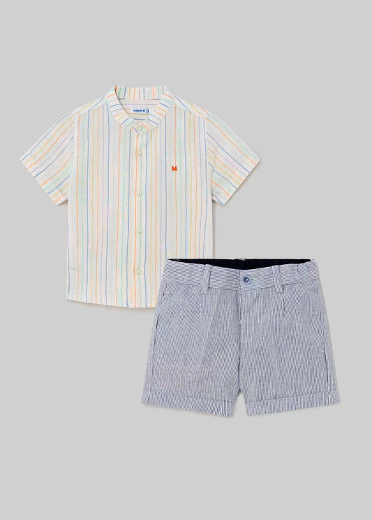 set bebe, bermuda vestir rallas marino, camisa cuello mao