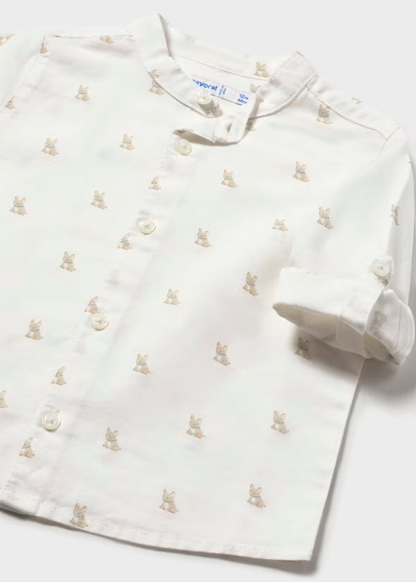 Camisa de manga larga con lino color nata y cuello mao bebé