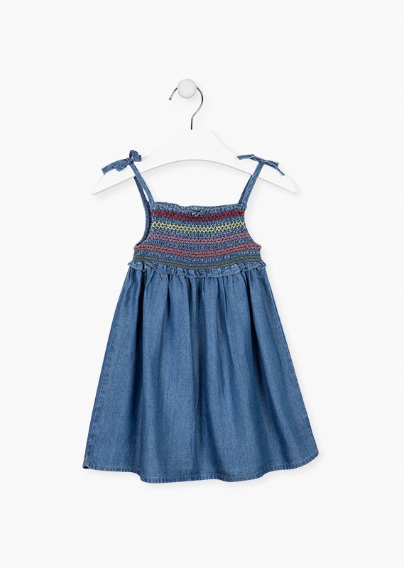 vestido tipo denim, smoke y tirantes ajustables