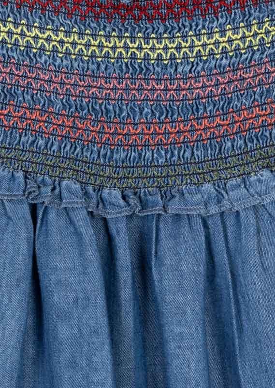 vestido tipo denim, smoke y tirantes ajustables