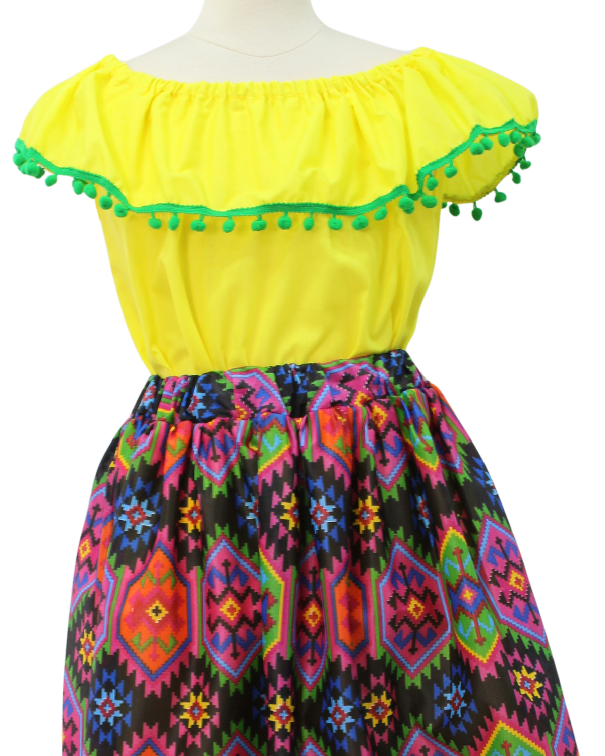 SET FALDA ADELITA CUADROS BLUSA CAMPESINA AMARILLO ENCAJE VERDE