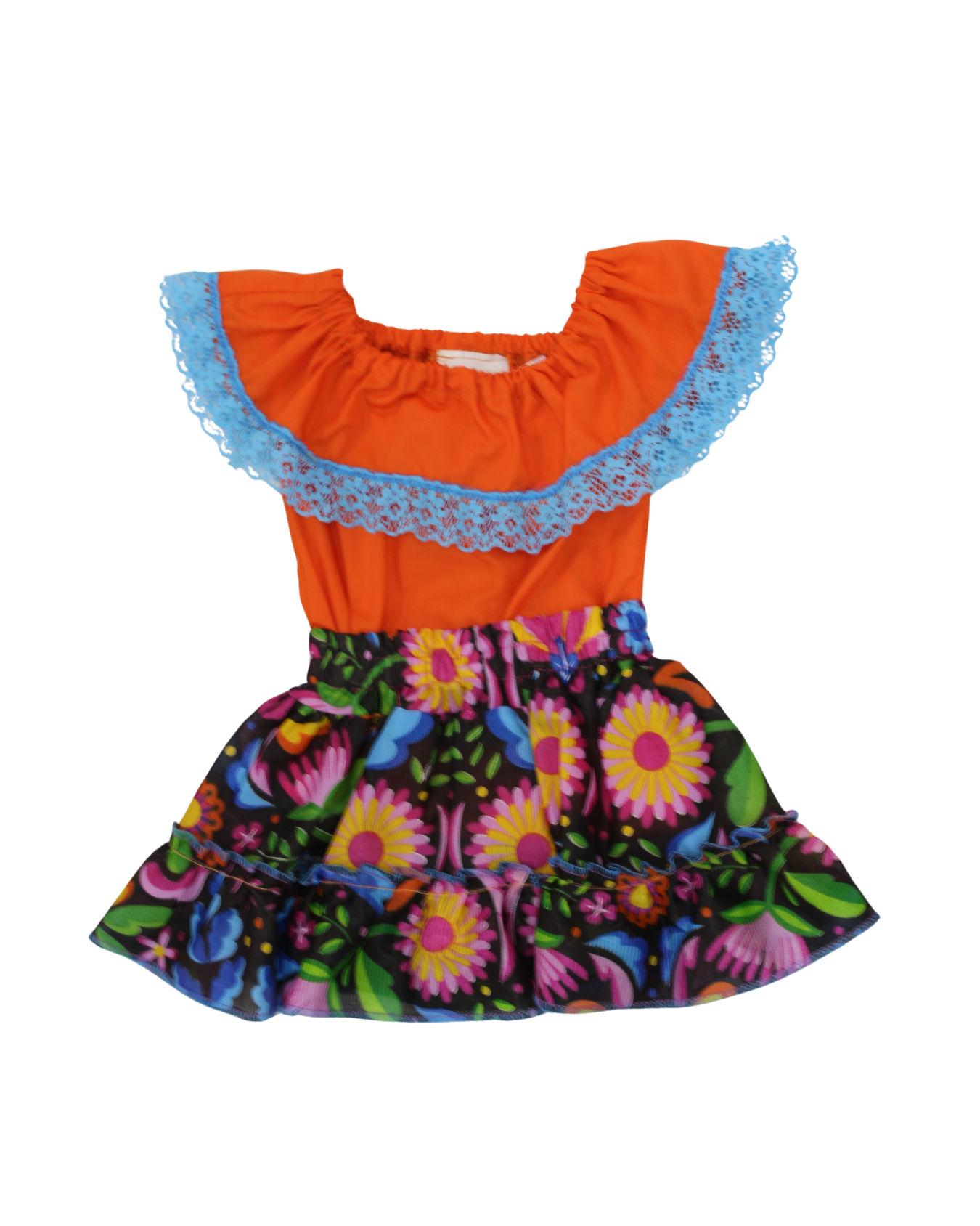 SET PATRIO TUTU CON BLUSA CAMPESINA NARANJA ENCAJE AZUL, FALDA FLORES