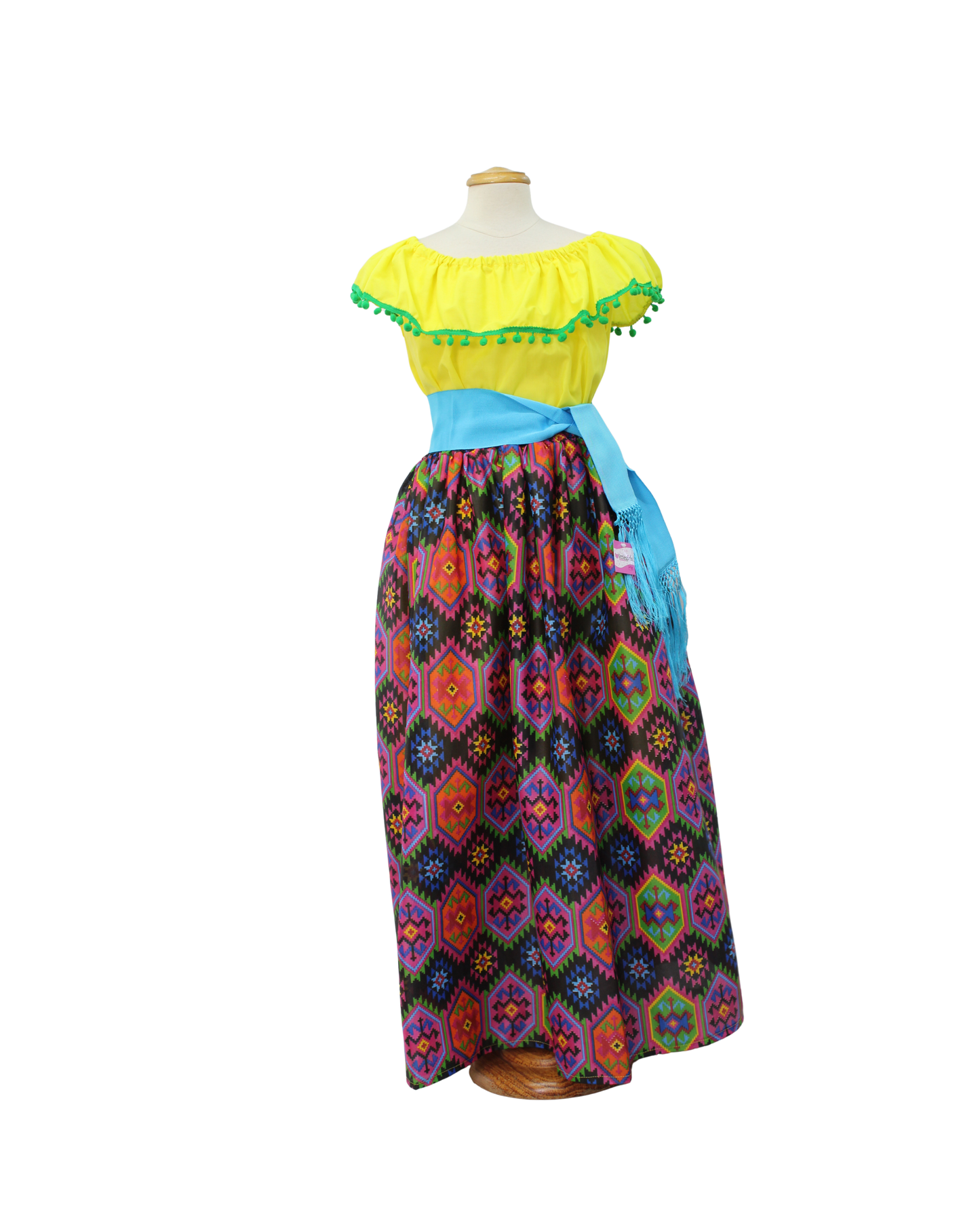 SET FALDA ADELITA CUADROS BLUSA CAMPESINA AMARILLO ENCAJE VERDE