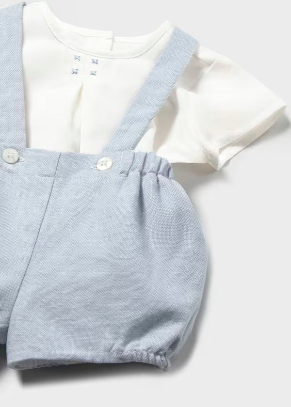 Conjunto pantalón azul aqua corto tirantes y camisa recién nacido