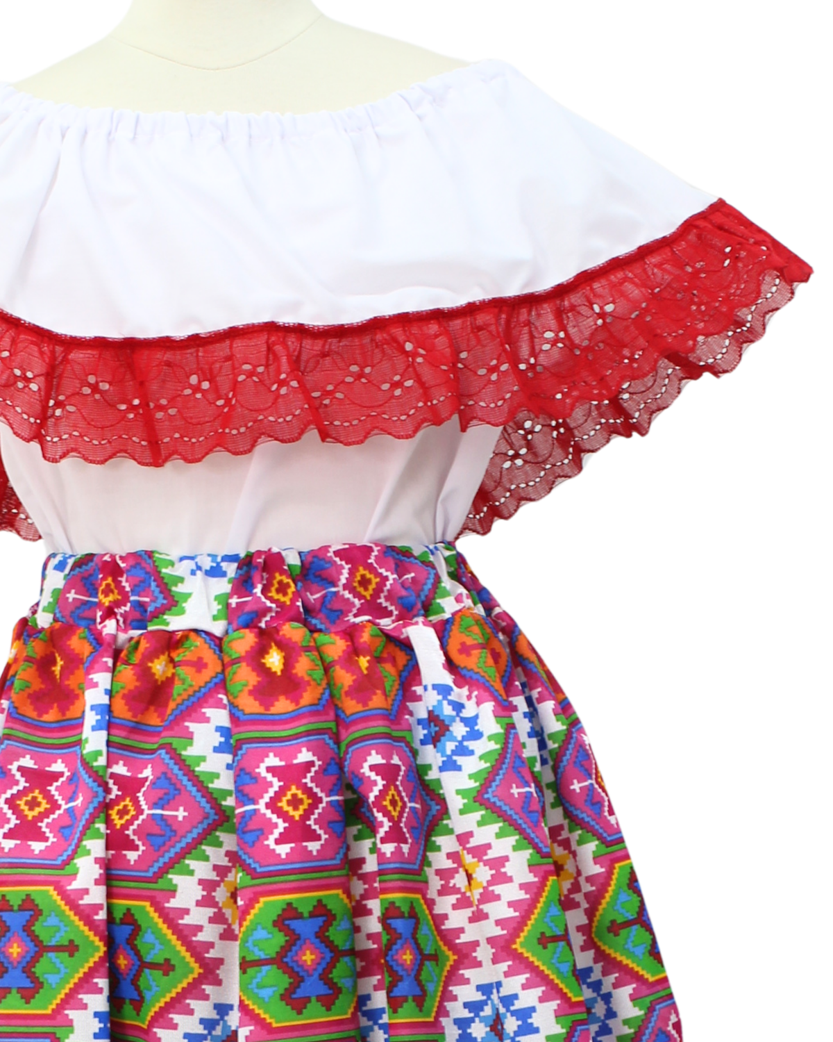 SET FALDA ADELITA CUADROS BLUSA CAMPESINA BLANCA ENCAJE ROJO
