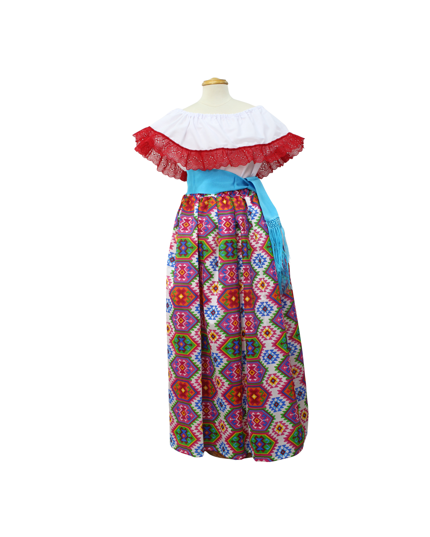 SET FALDA ADELITA CUADROS BLUSA CAMPESINA BLANCA ENCAJE ROJO