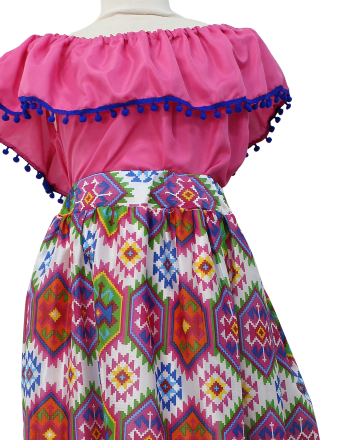 SET FALDA ADELITA CUADROS BLUSA CAMPESINA ROSA POMPON MARINO