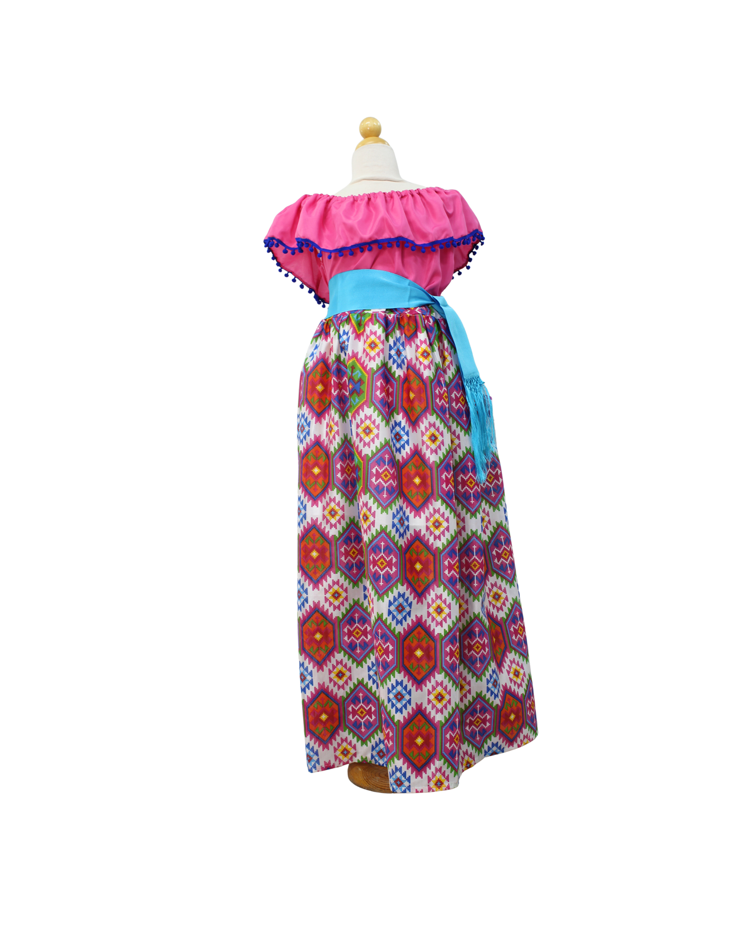 SET FALDA ADELITA CUADROS BLUSA CAMPESINA ROSA POMPON MARINO