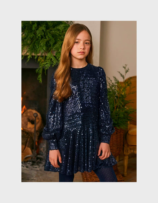 vestido lentejuela color marino, manga larga