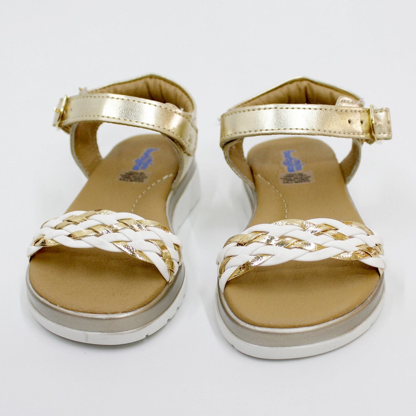 huarache trenza blanco y oro, cierre con hebilla