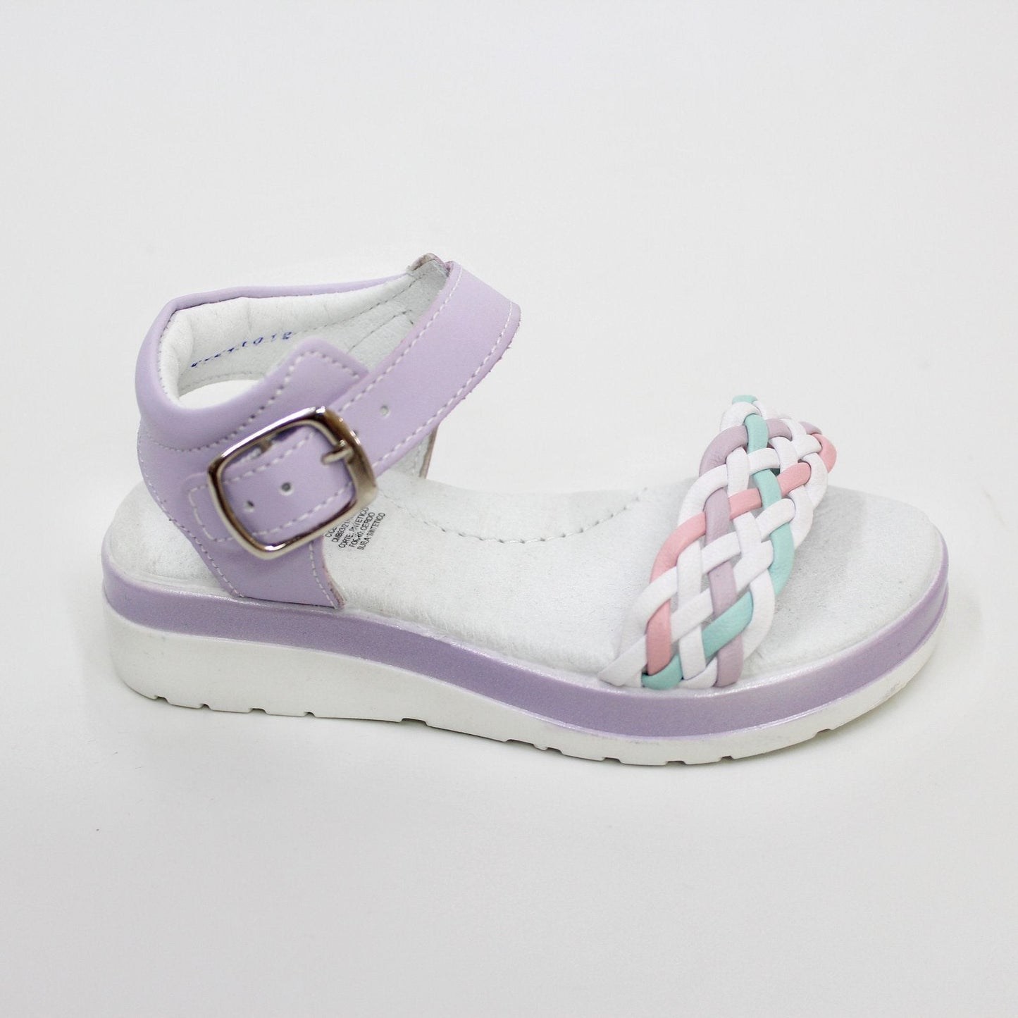 huarache tonos pastel, color lila, cierre con hebilla