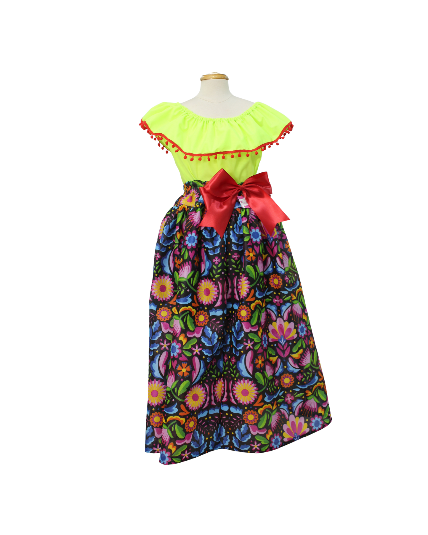 SET FALDA ADELITA COLORES BLUSA CAMPESINA VERDE NEON POMPON ROJO