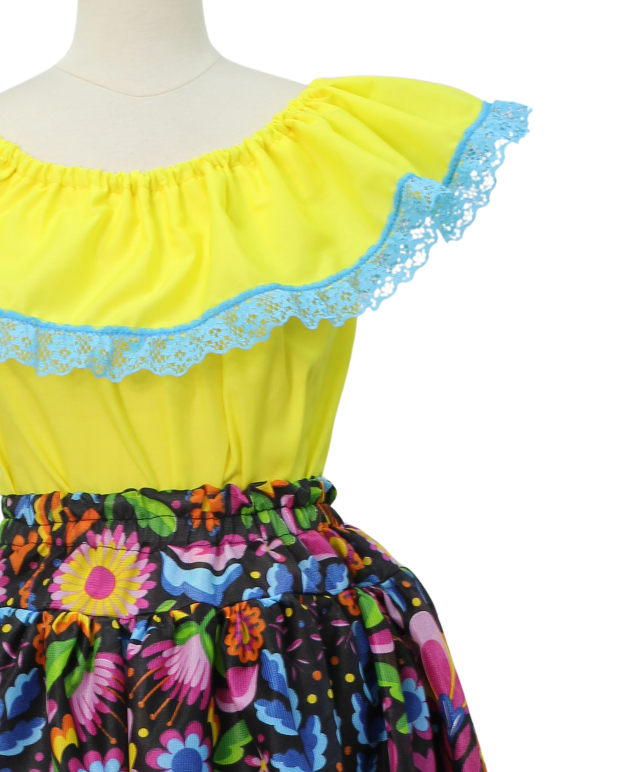 SET FALDA ADELITA COLORES BLUSA CAMPESINA AMARILLO ENCAJE AZUL