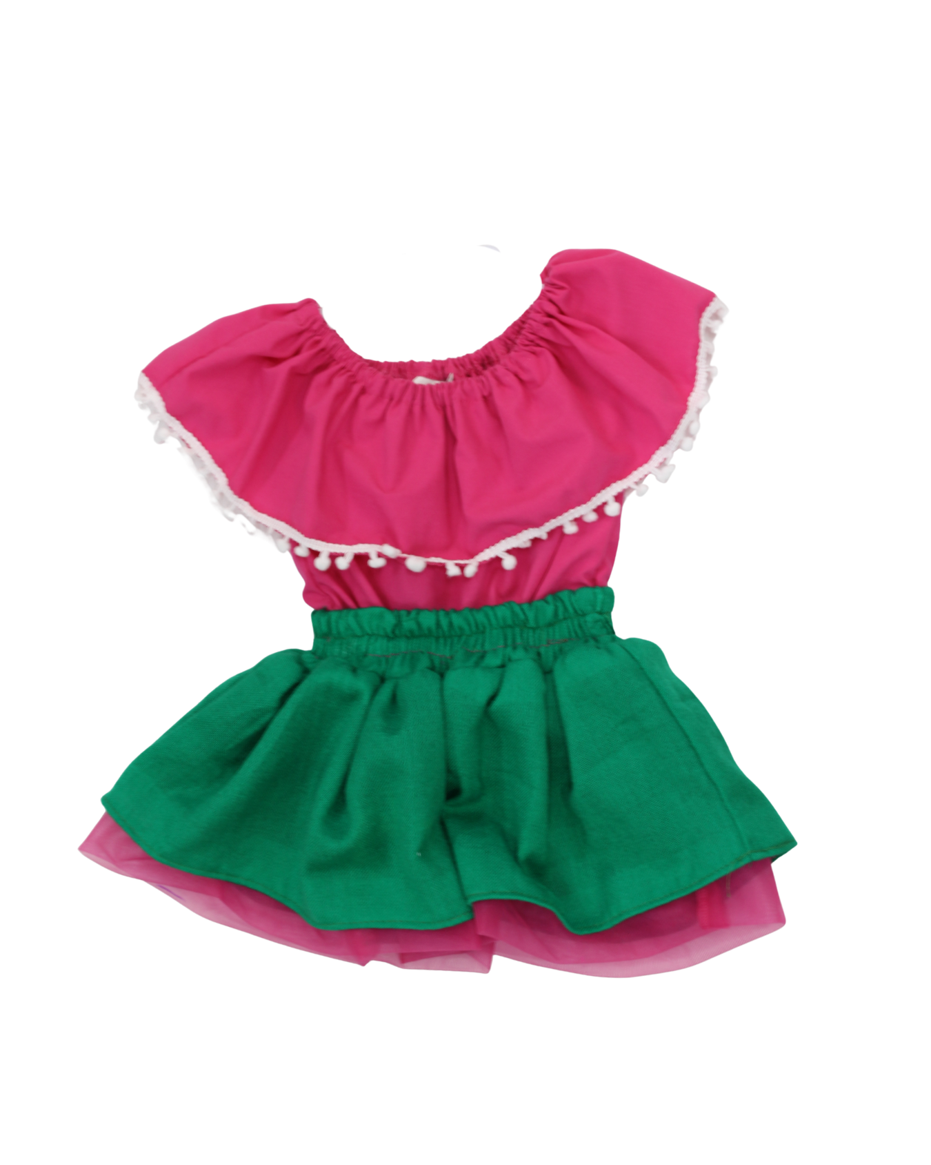 SET PATRIO TUTU CON BLUSA CAMPESINA ROSA POMPON BLANCO, FALDA CAMBAYA VERDE