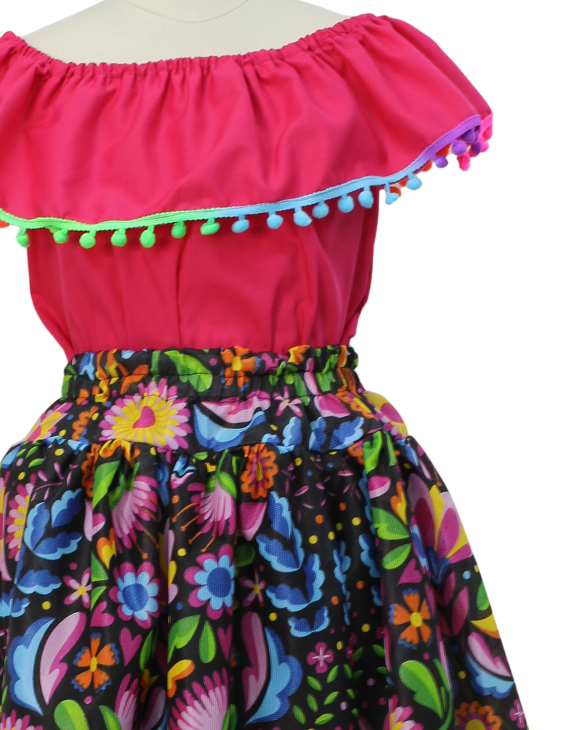 SET FALDA ADELITA COLORES BLUSA CAMPESINA ROSA POMPON ARCOIRIS