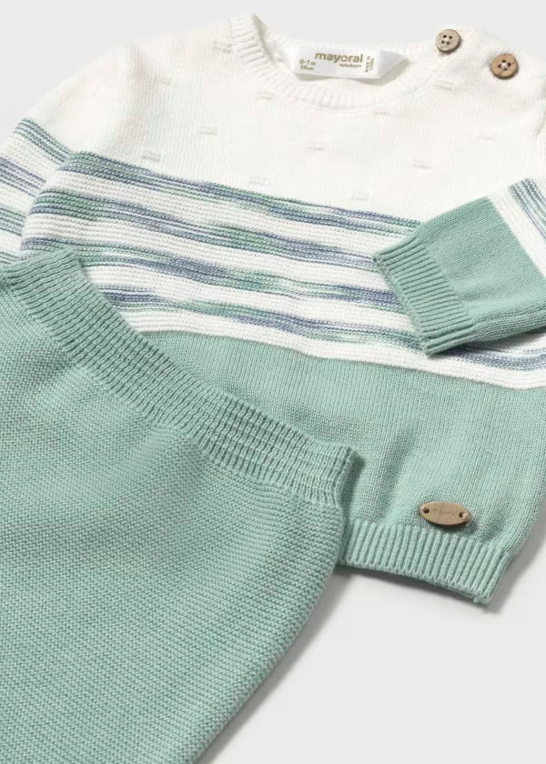 Conjunto pantalón y suéter tricot color menta recién nacido