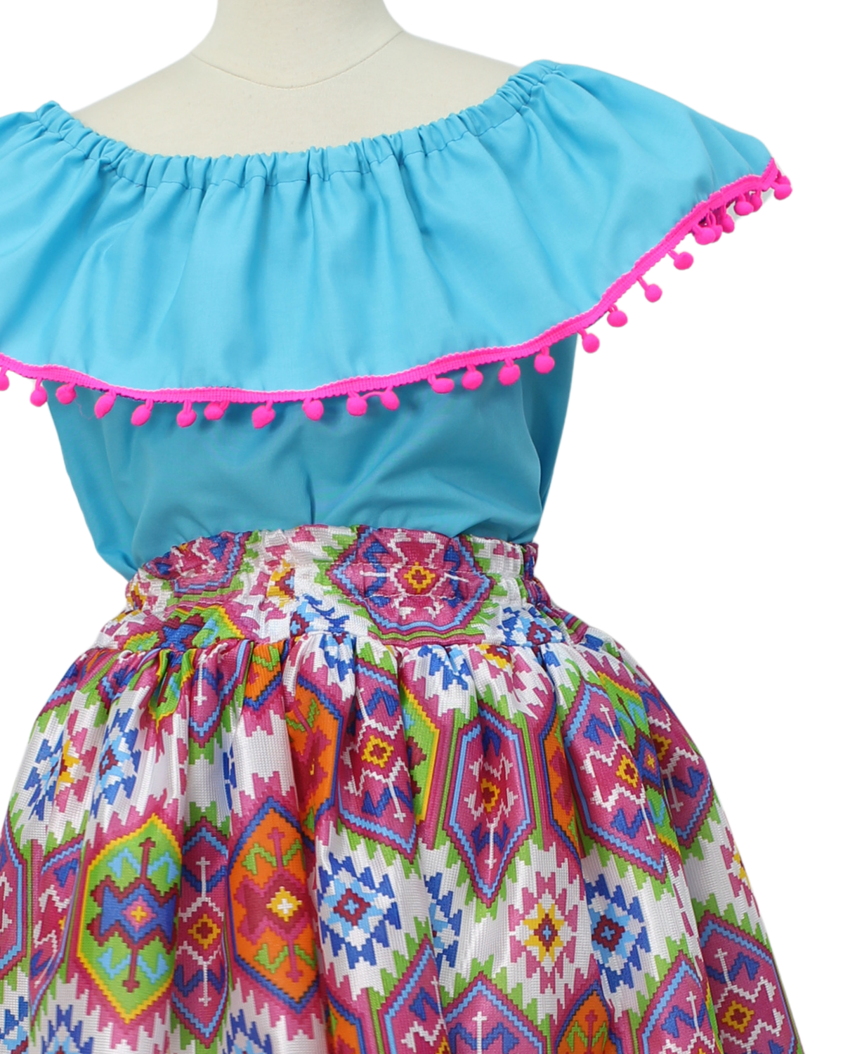 SET FALDA ADELITA COLORES BLUSA CAMPESINA AZUL POMPON ROSA