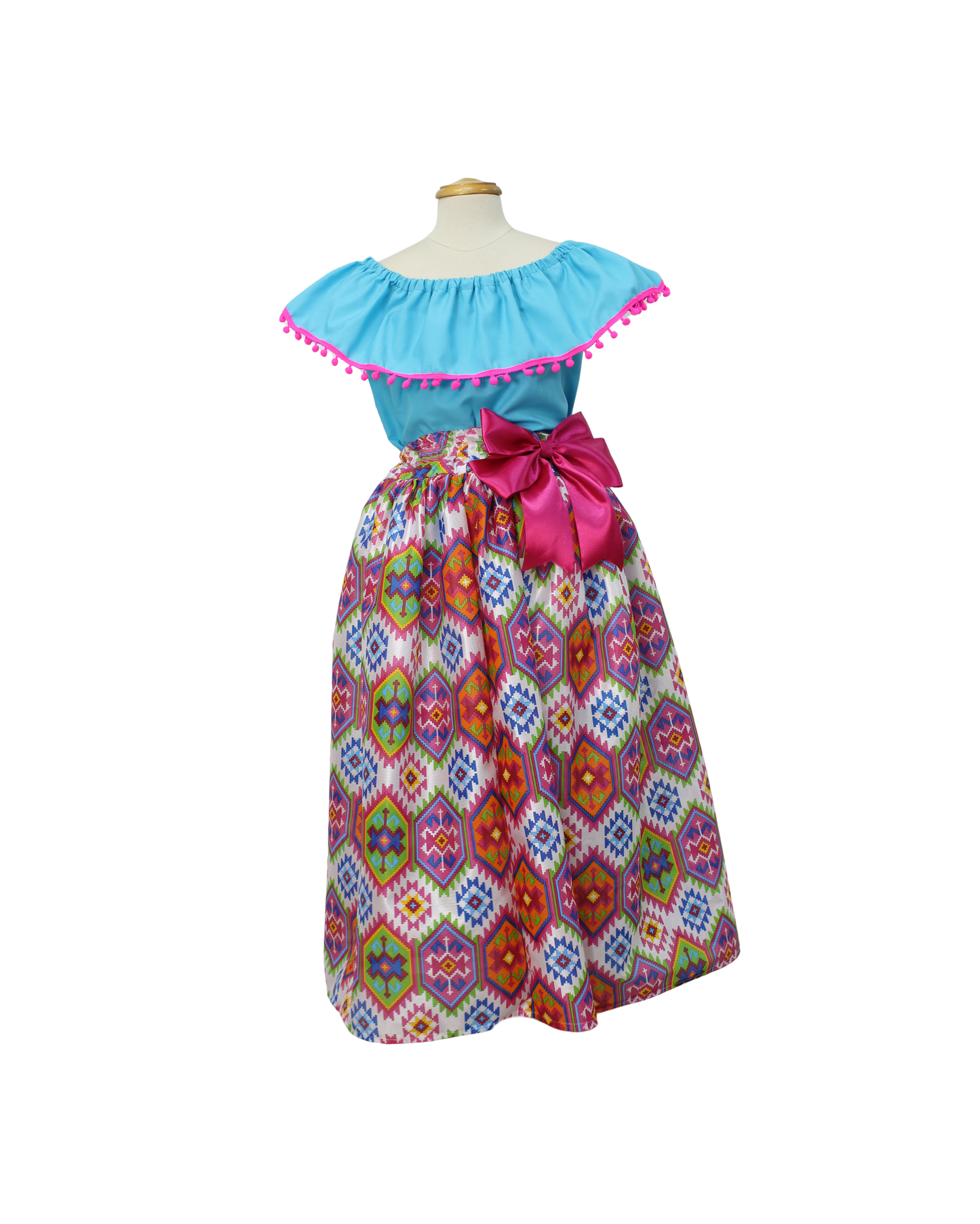 SET FALDA ADELITA COLORES BLUSA CAMPESINA AZUL POMPON ROSA