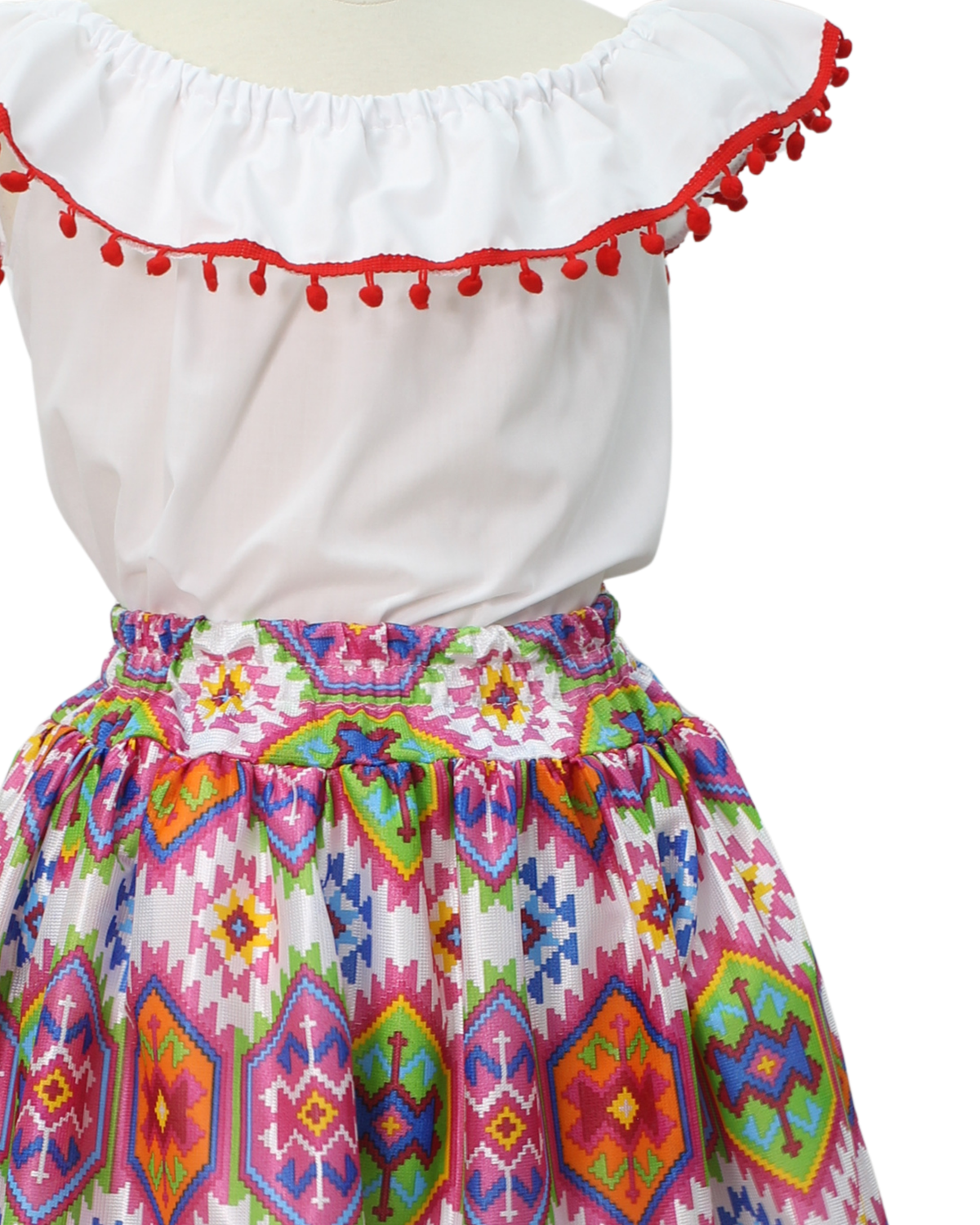 SET FALDA ADELITA COLORES BLUSA CAMPESINA BLANCA POMPON ROJO