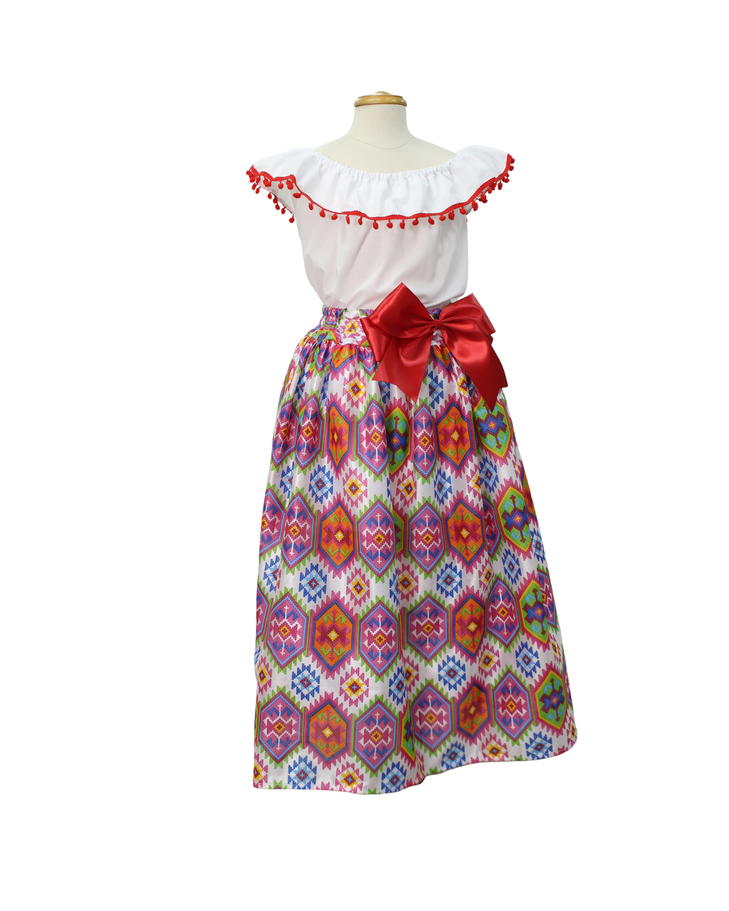 SET FALDA ADELITA COLORES BLUSA CAMPESINA BLANCA POMPON ROJO