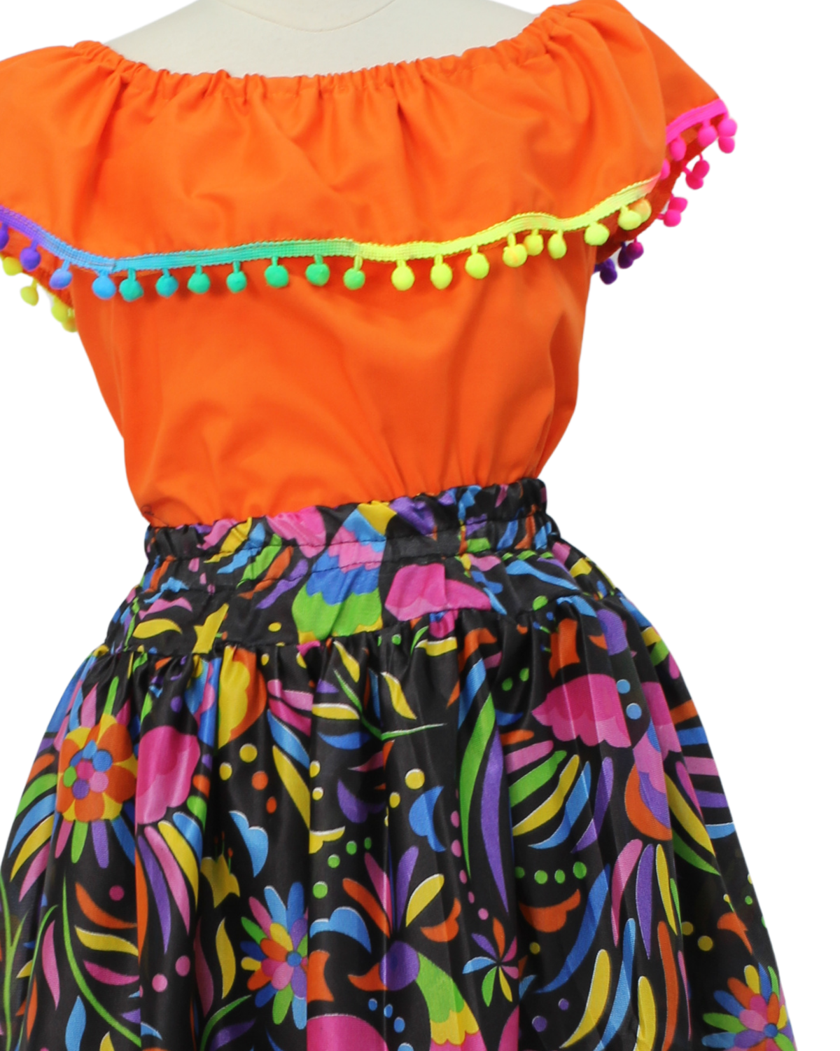 SET FALDA ADELITA COLORES BLUSA CAMPESINA NARANJA POMPON ARCOIRIS