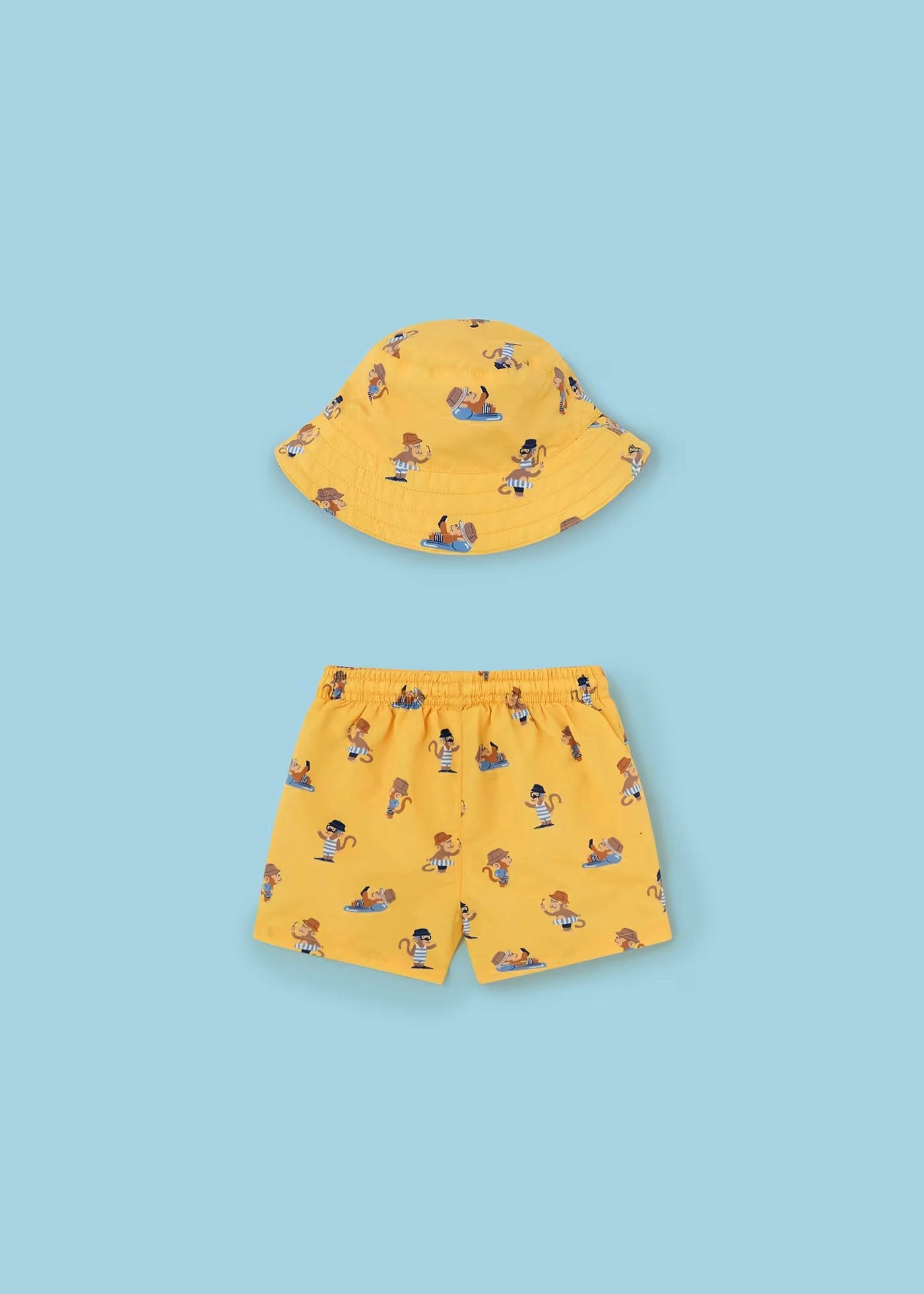 set short traje de baño con bucket hat color banana, para niño bebe