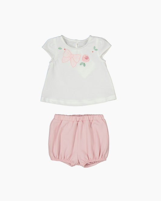 Conjunto  blusa blanca cubrepañal rosa