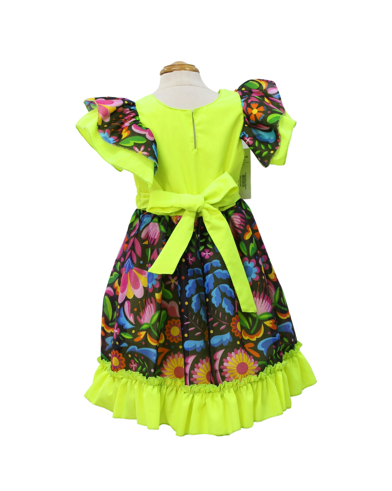 VESTIDO ADELITA TIPICO PATRIO ELEGANTE PETO AMARILLO NEON FALDA FLORES NEGRAS