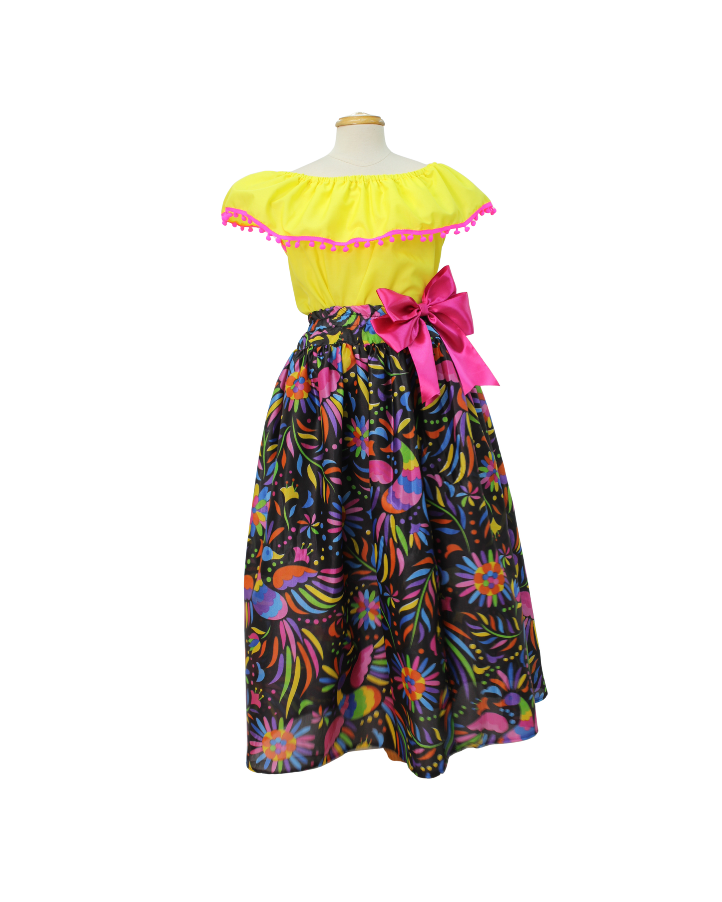 SET FALDA ADELITA COLORES BLUSA CAMPESINA AMARILLA POMPON ROSA