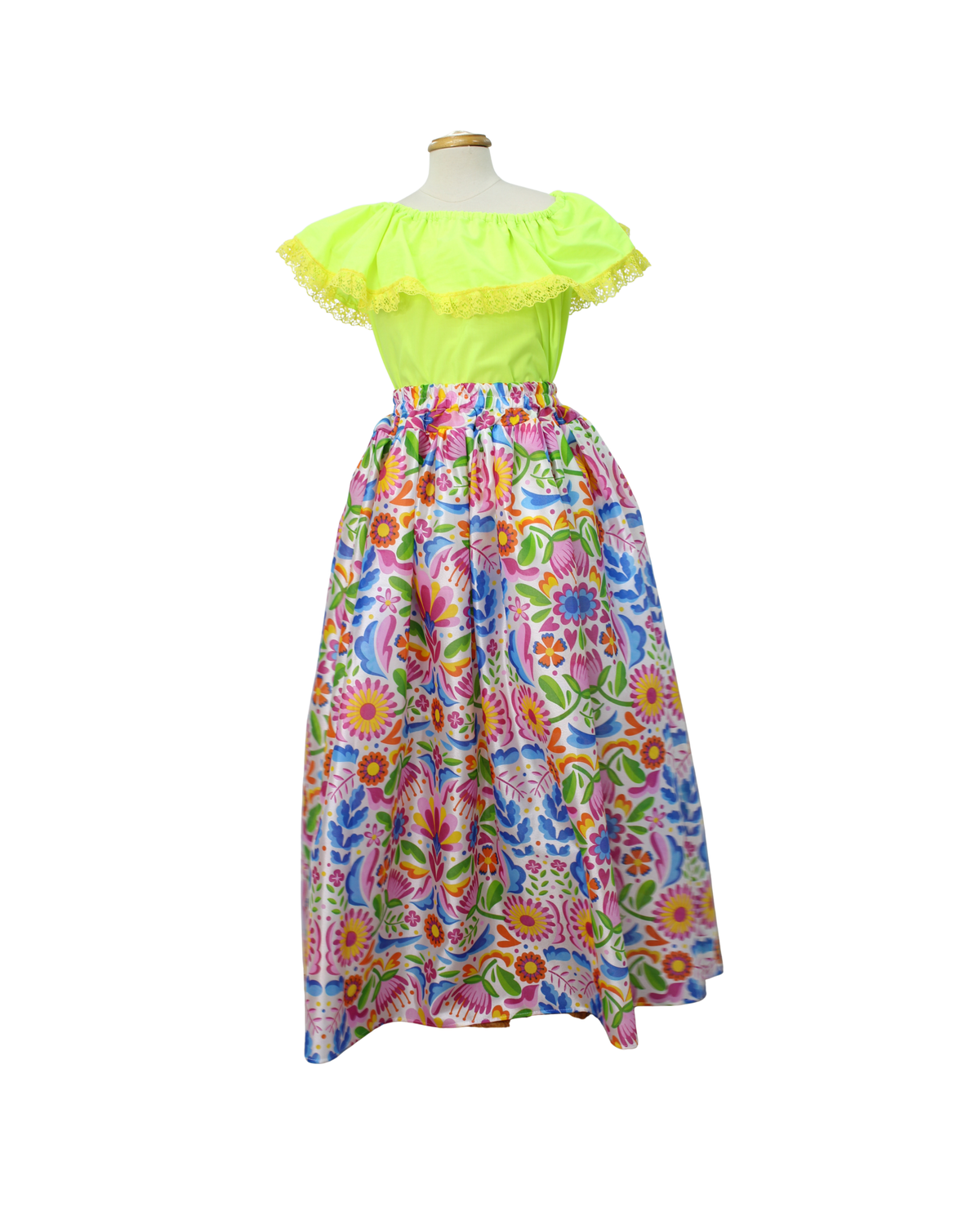 SET FALDA ADELITA FLORES BLUSA CAMPESINA VERDE NEON ENCAJE AMARILLO