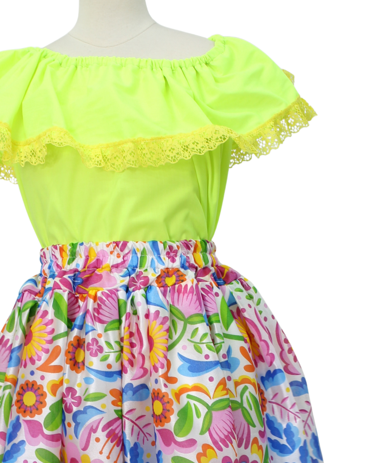 SET FALDA ADELITA FLORES BLUSA CAMPESINA VERDE NEON ENCAJE AMARILLO