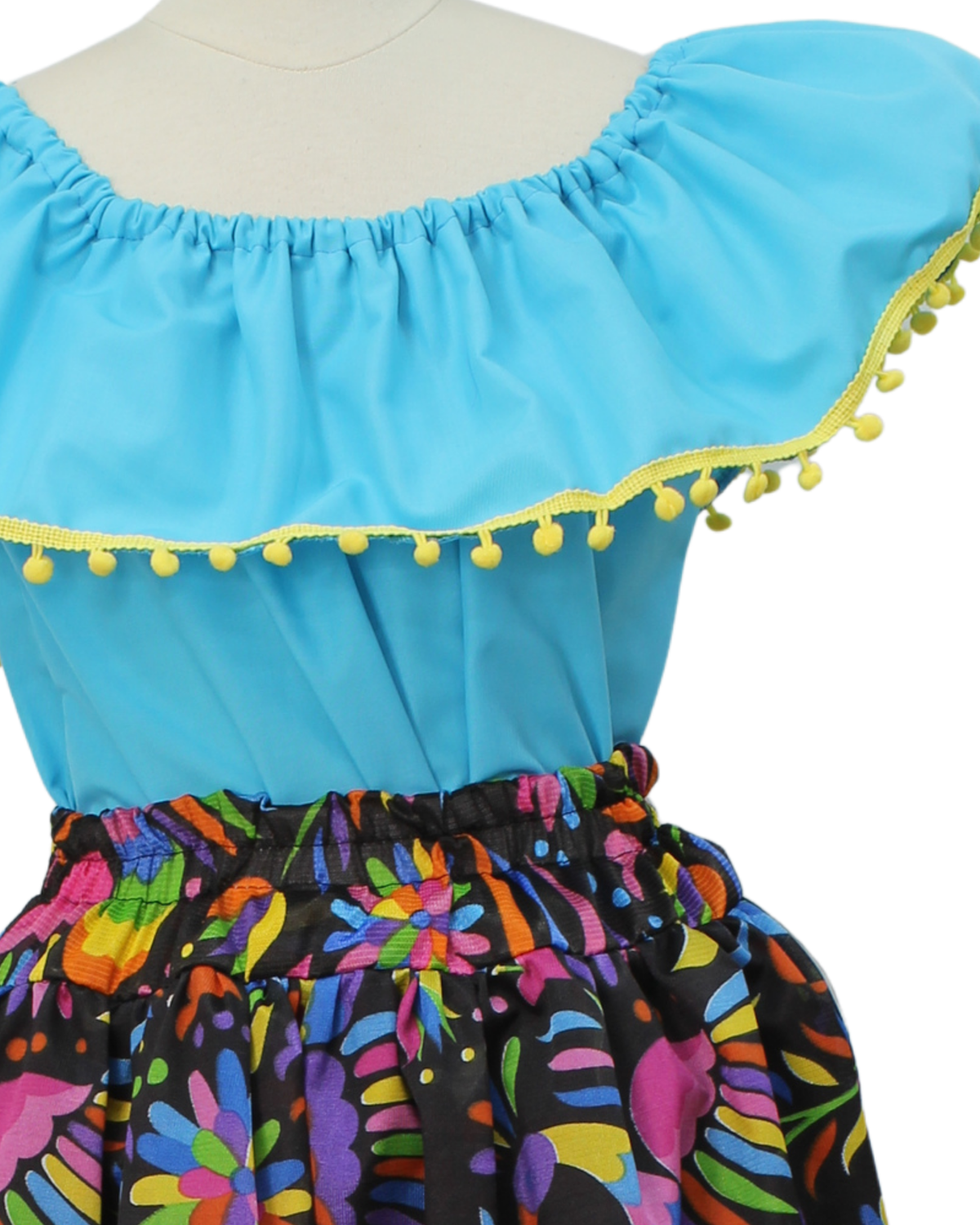 SET FALDA ADELITA FLORES BLUSA CAMPESINA AZUL POMPON AMARILLO