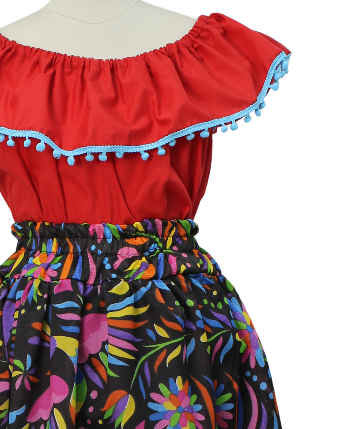 SET FALDA ADELITA FLORES BLUSA CAMPESINA ROJO POMPON AZUL