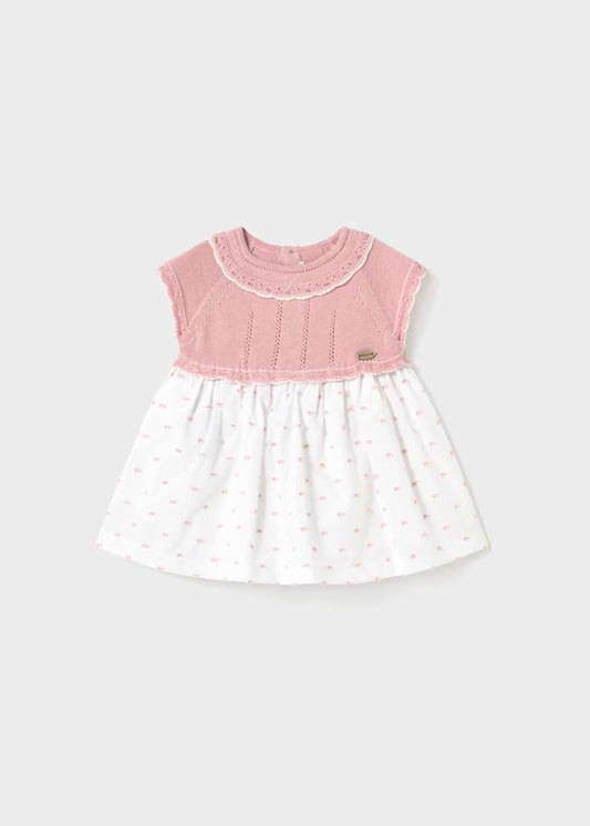 Vestido combinado peto tricot rosa, recién nacida