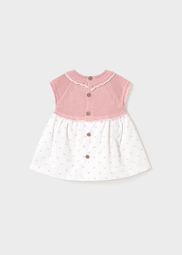 Vestido combinado peto tricot rosa, recién nacida