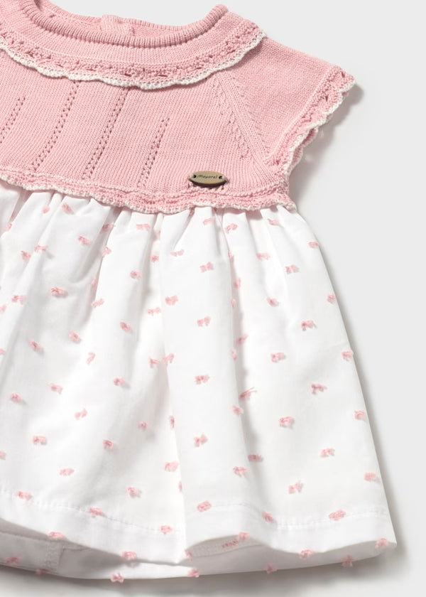 Vestido combinado peto tricot rosa, recién nacida