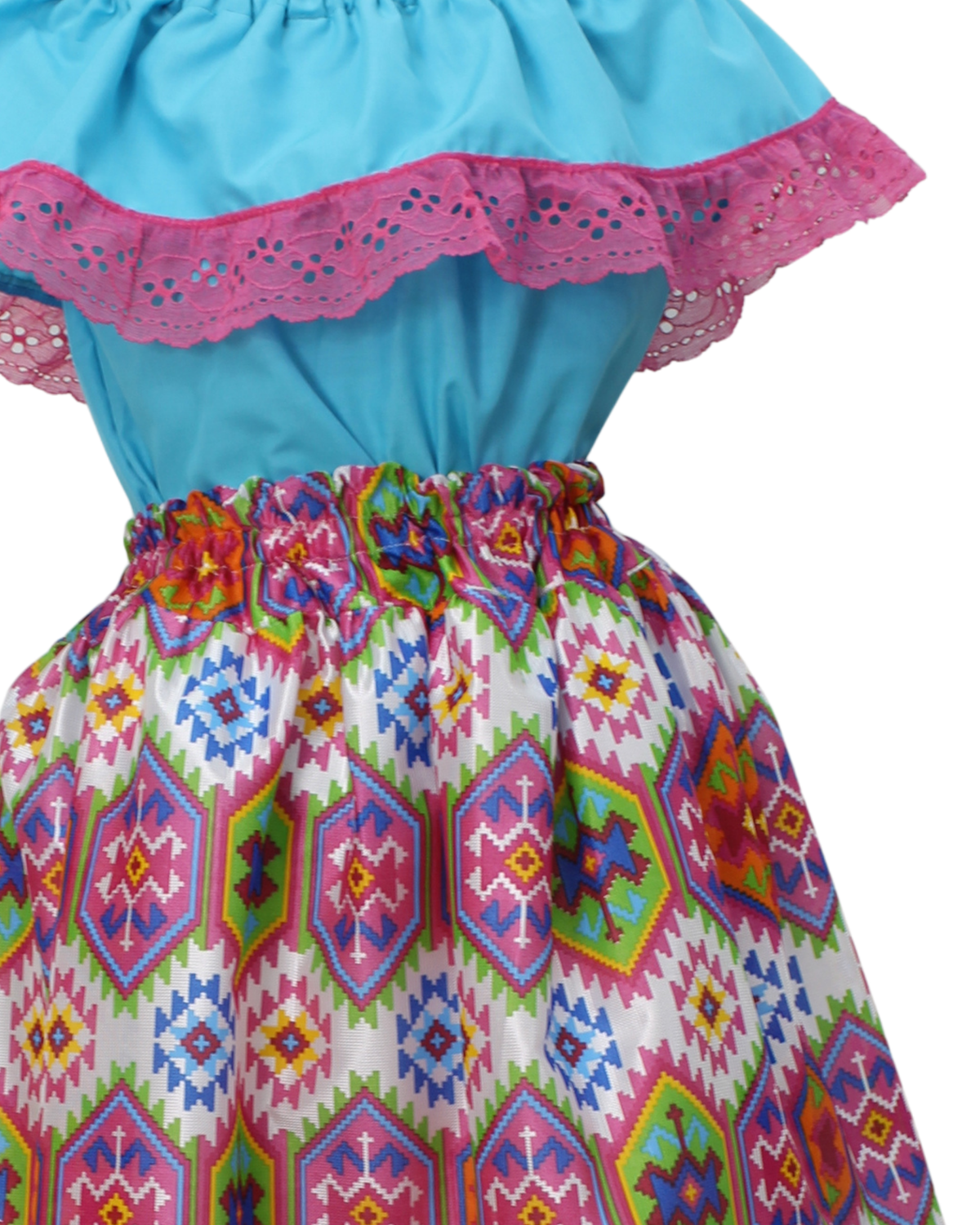 SET FALDA ADELITA CUADROS BLUSA CAMPESINA AZUL ENCAJE ROSA