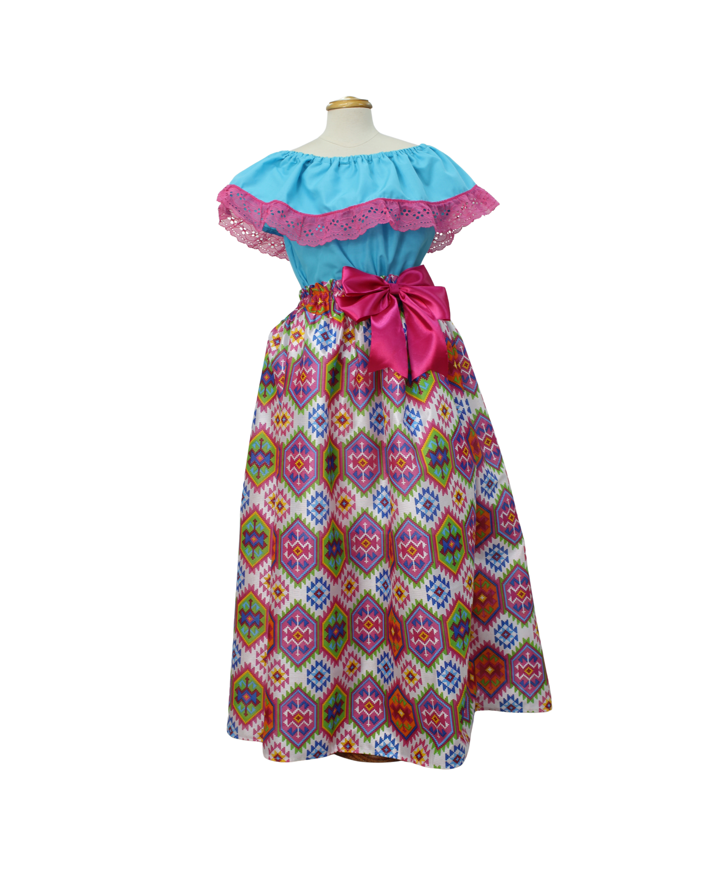 SET FALDA ADELITA CUADROS BLUSA CAMPESINA AZUL ENCAJE ROSA