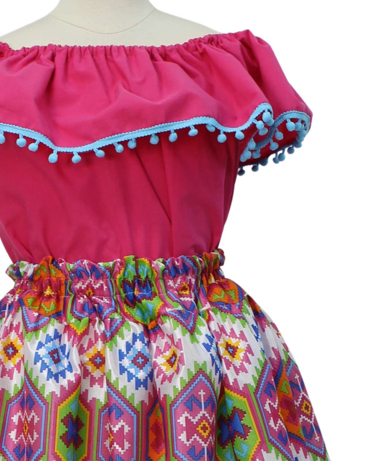 SET FALDA ADELITA CUADROS BLUSA CAMPESINA ROSA POMPON AZUL